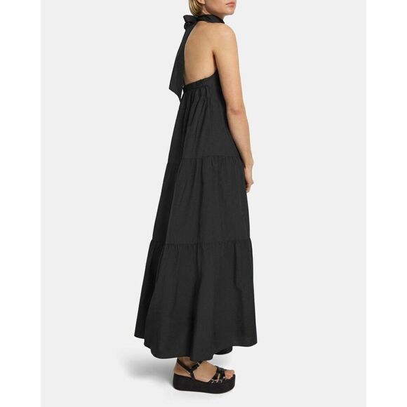 Theory Women's Cotton Blend Tiered Bow Halter A-line Maxi Dress Black Med D050 - Picture 3 of 10